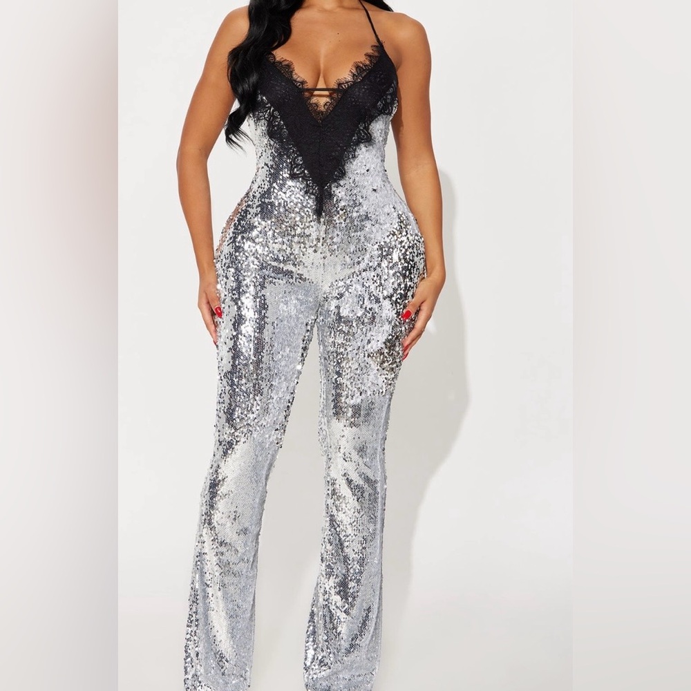 Fashion Nova Glittering Silver Jumpsuit with Black Lace